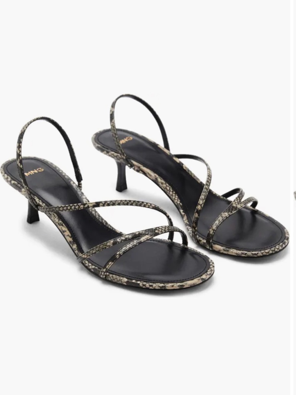 Mango Black and Snake-Print Strappy Slingback Heels